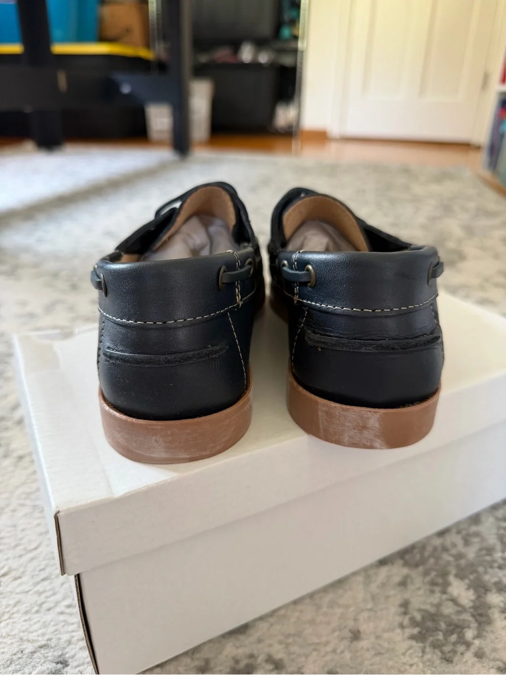 Kids Navy Leather Boat Shoes with Contrasting Brown Sole